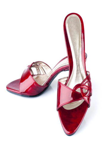 Red patent heeled mules