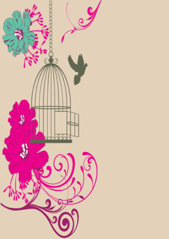 Bird cage with pink flowers and beige background
