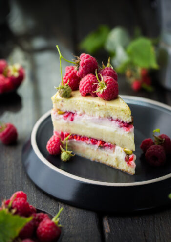 Cake topped with raspberries