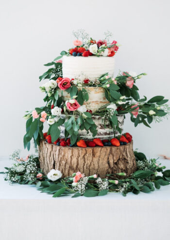 Cake decorated with fruit and flowers