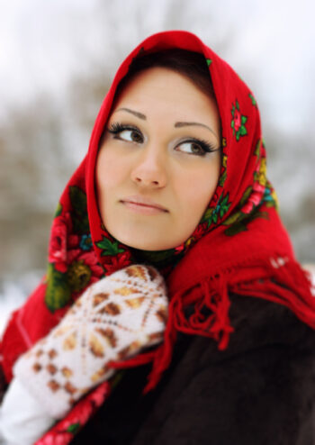 Female with red head scarf