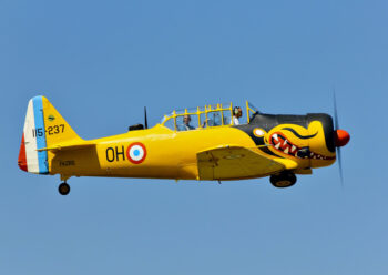 Old propeller plane with teeth livery in flight