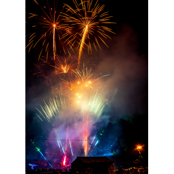 Many fireworks in the sky above a crowd of people