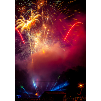 Many fireworks in the sky above a crowd of people