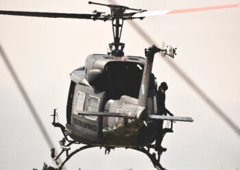 Rear view of helicopter in flight