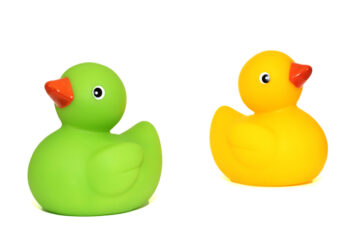 Yellow and green rubber ducks