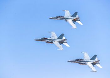 Three F18 fighter jets in flight