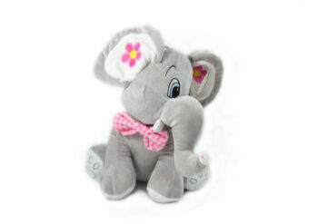 Grey elephant with a pink and white check ribbon