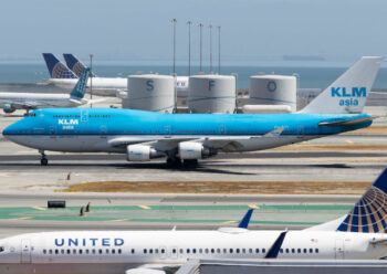 KLM 747 plane taxiing at airport