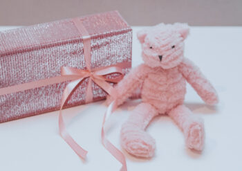 Pink bear sitting next to a pink parcel with a pink ribbon