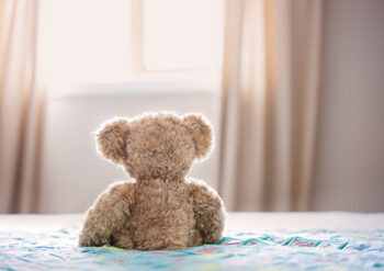 Teddy bear sitting facing towards the window
