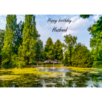 Lake with water fountains Husband birthday card