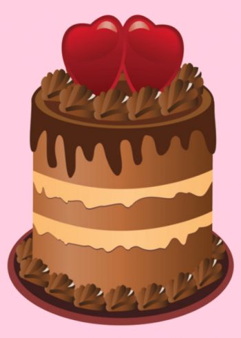 Chocolate cake with red hearts card