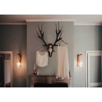 Wedding dress hanging on deer antlers