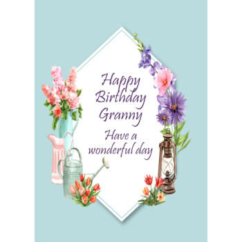Watering can and oil lamp with flowers Granny birthday