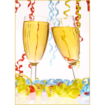 Champagne glasses and party streamers